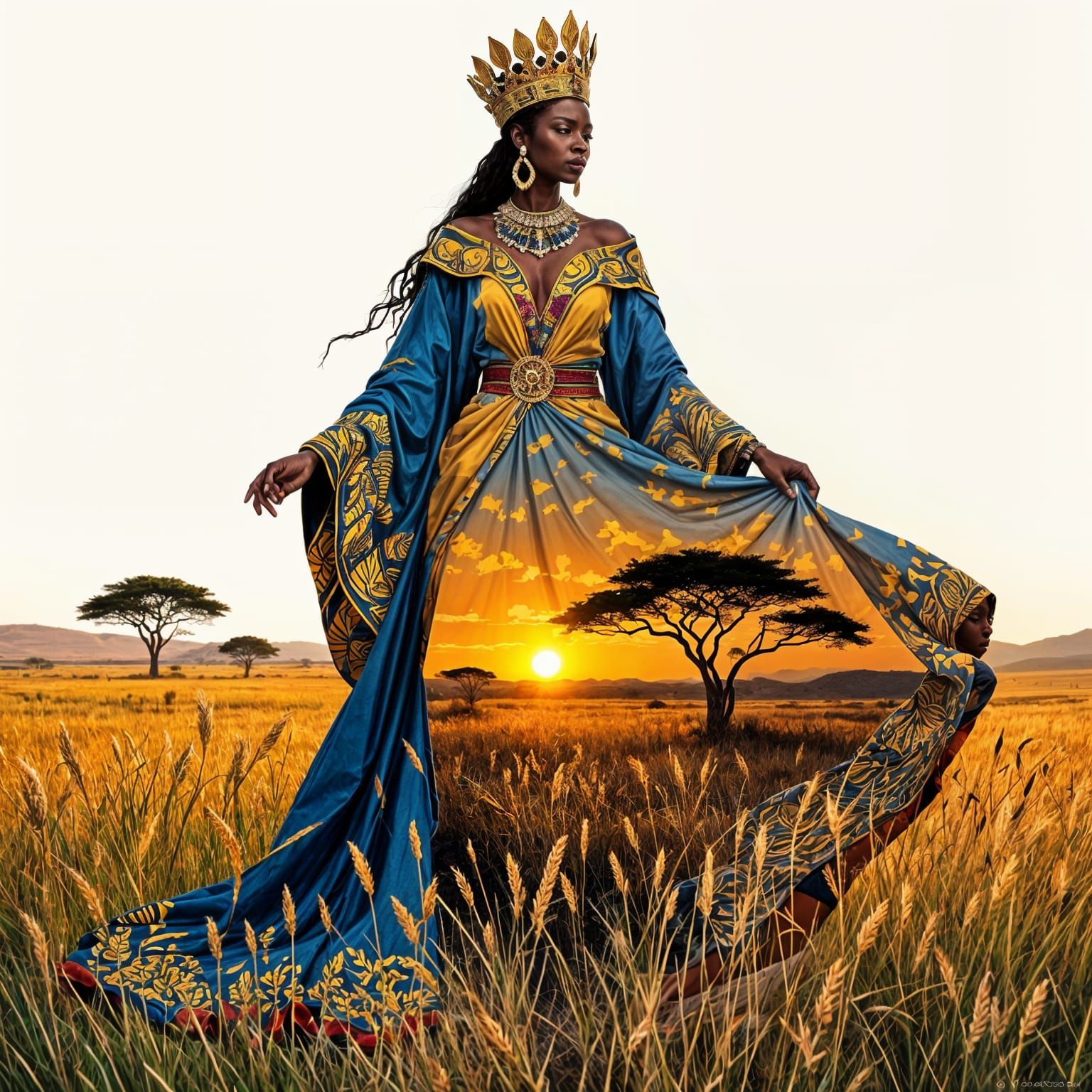 African Queen Silhouette with Blooming Savanna