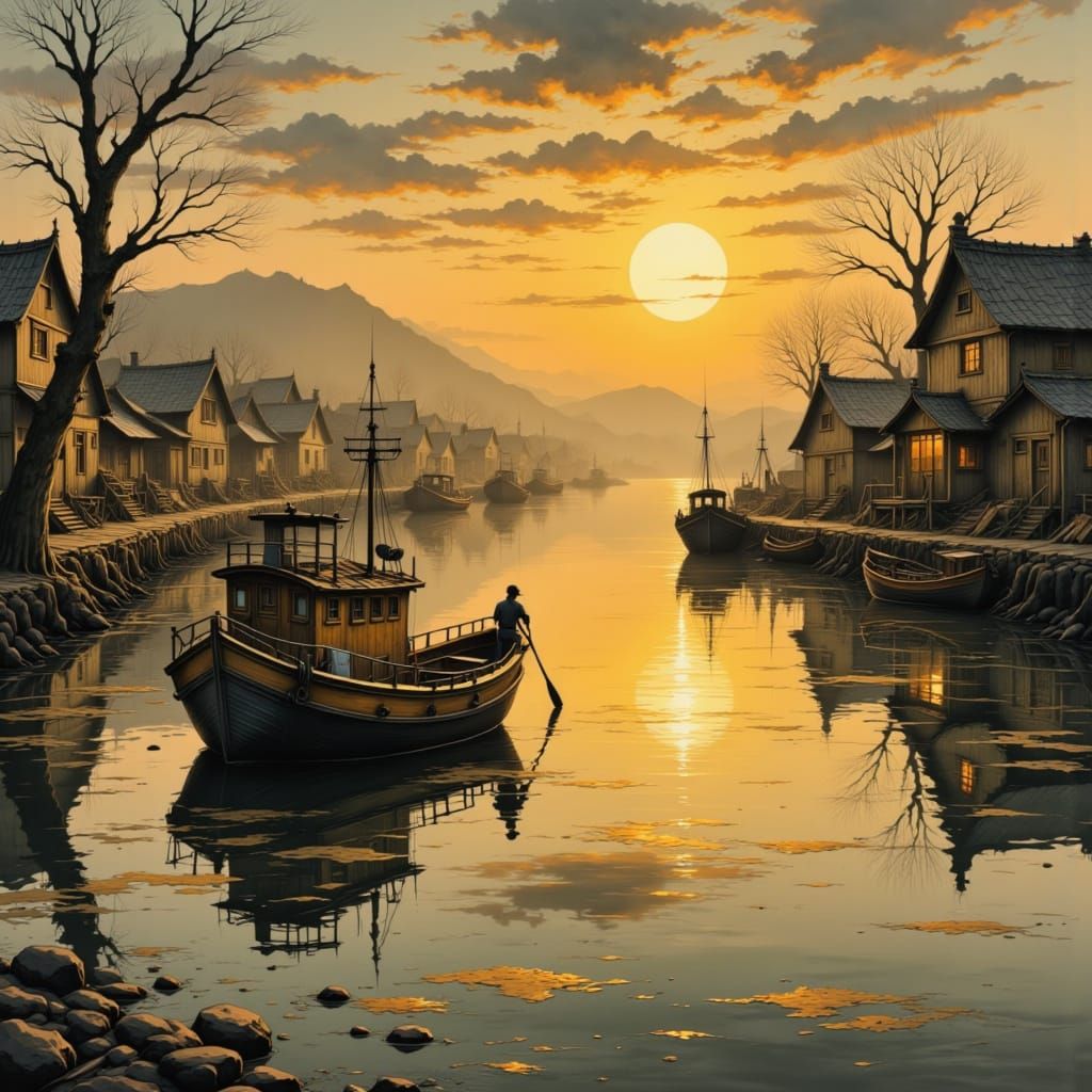 Small Japanese boat, fisherman, small village, sunset