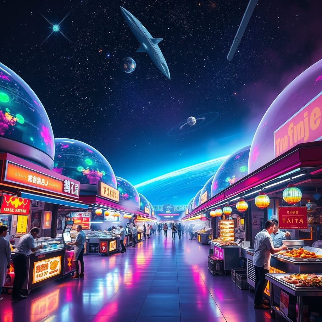 Neon Street Food Stalls in a Futuristic Space Station