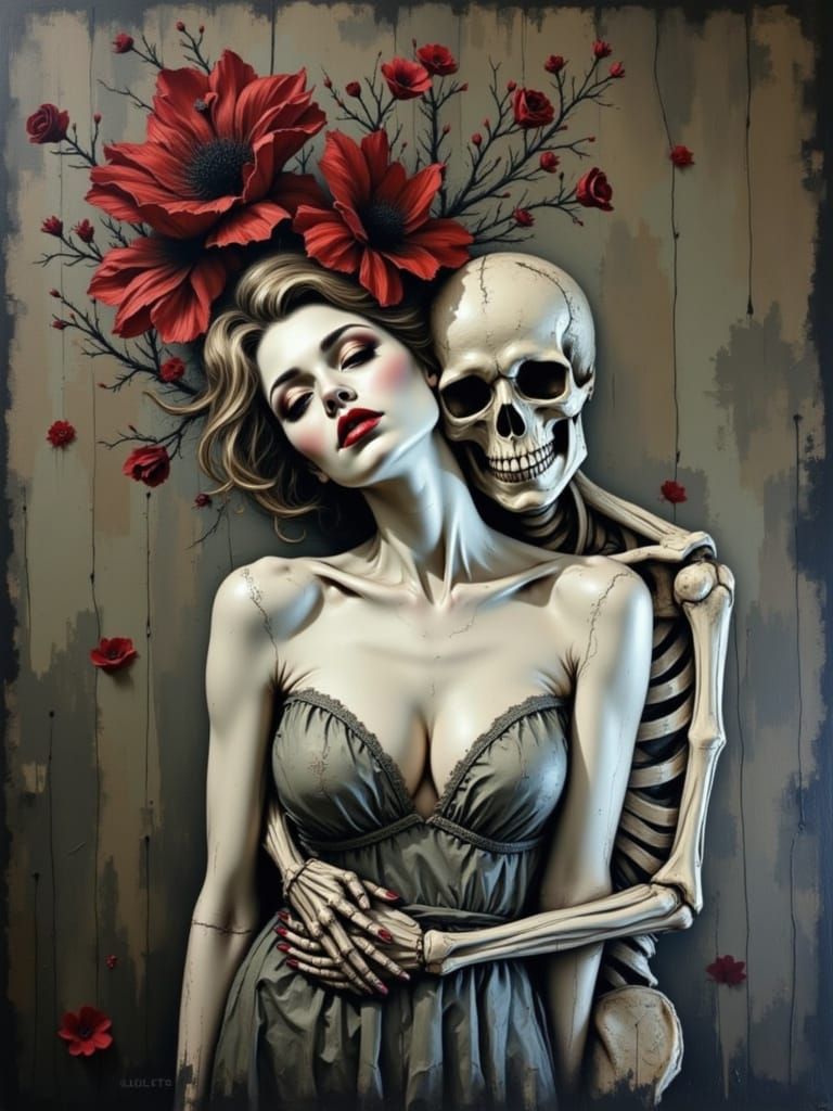 Skeletal Lovers Embrace in Gothic Romantic Style