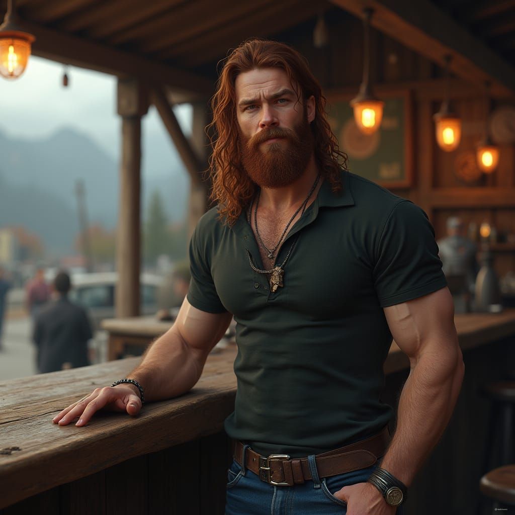 Beorn Standing at a Roadside Bar in Hyper-Realistic Style