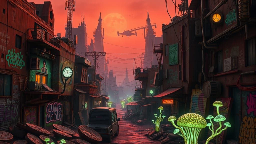 Dystopian Martian Slum in Vibrant Biopunk Style