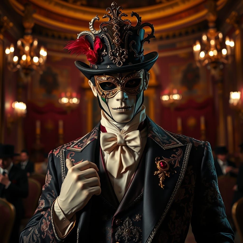 Masked Aristocrat in Opulent Hall: Digital Illustration