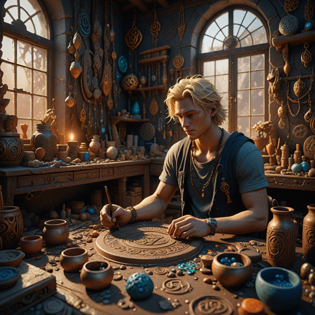 Young Artist Working on Mystic Clay Sculpture in a Cluttered...