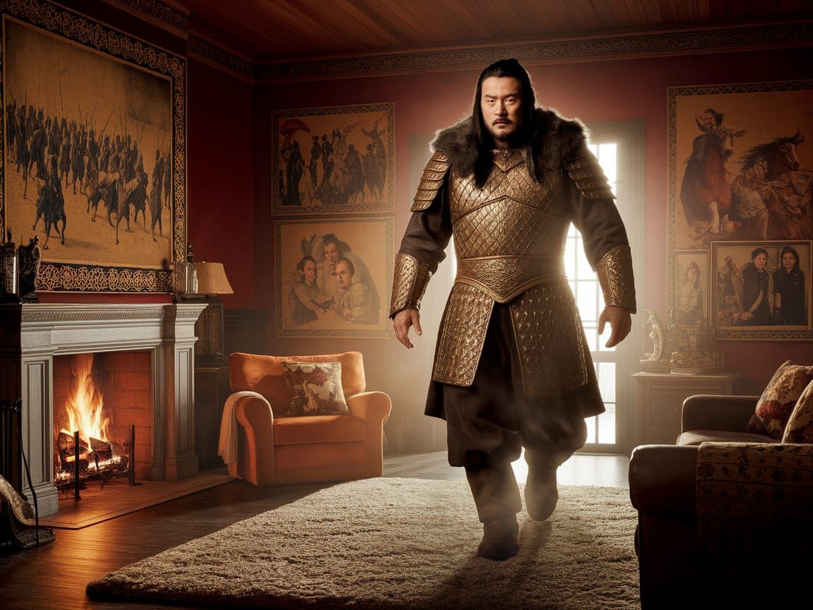 Genghis Khan Emerges from TV in Golden Armor