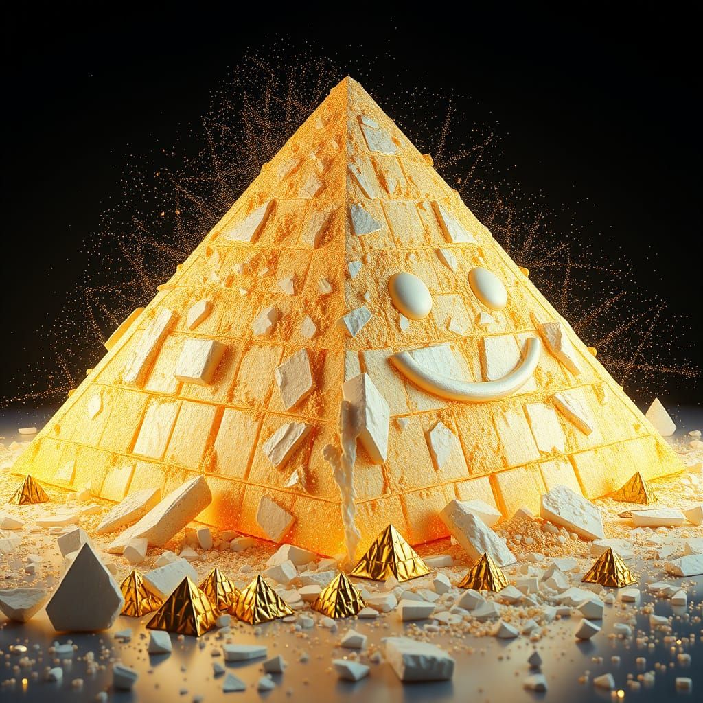 Golden Pyramid Crumbling: Hyper-Realistic CGI Image