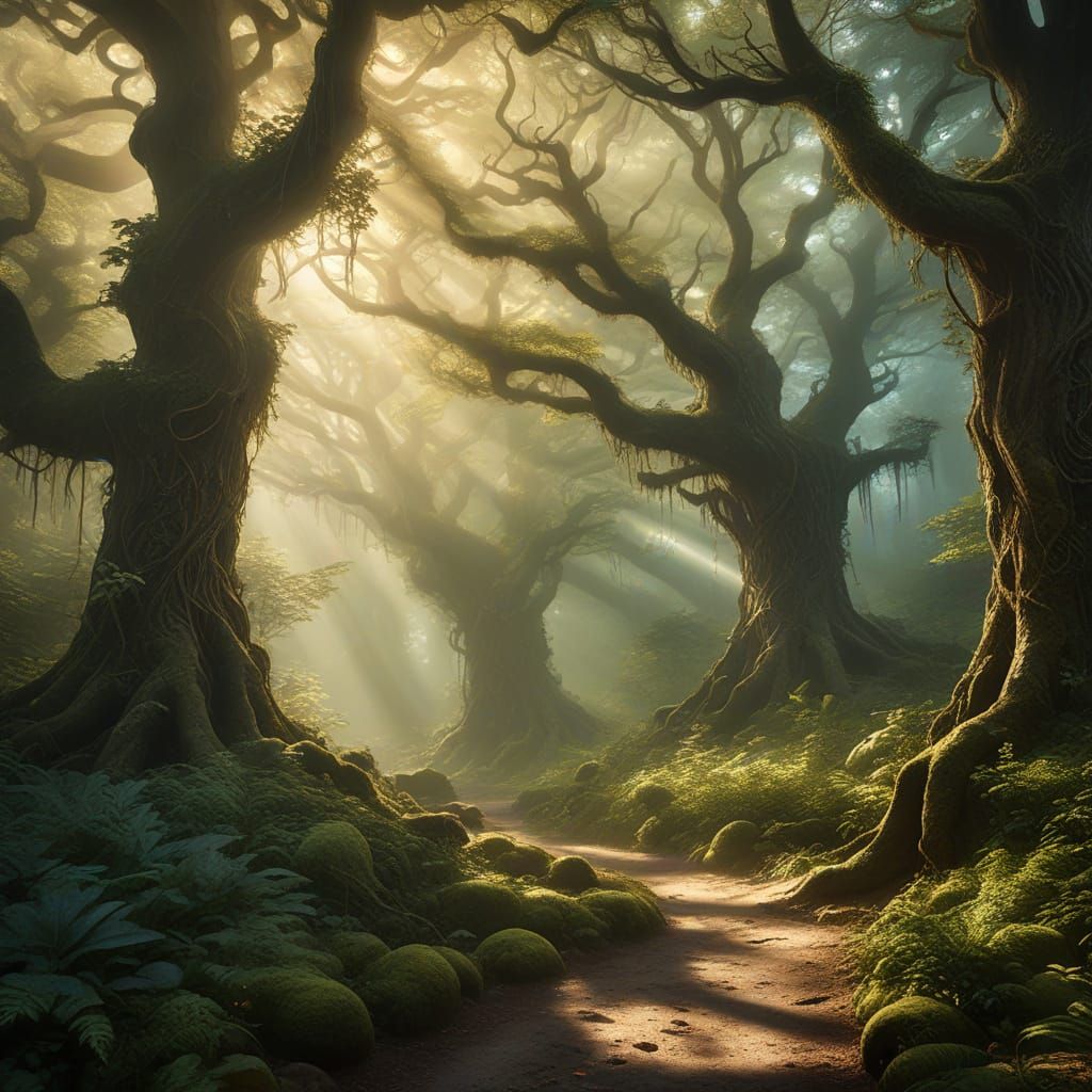 Enchanted Forest Fog Spirits and Creatures in Surreal Fantas...