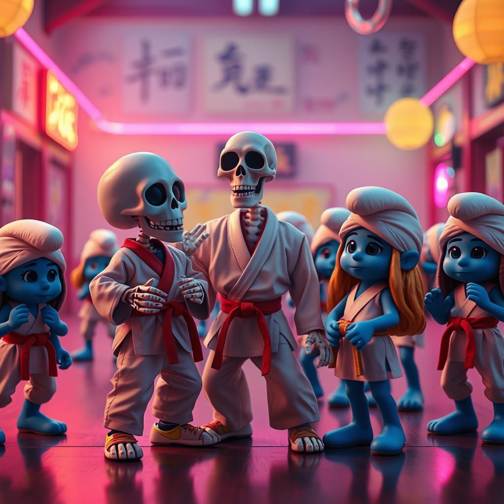 Skeleton Sensei Teaches Karate to Smurfettes