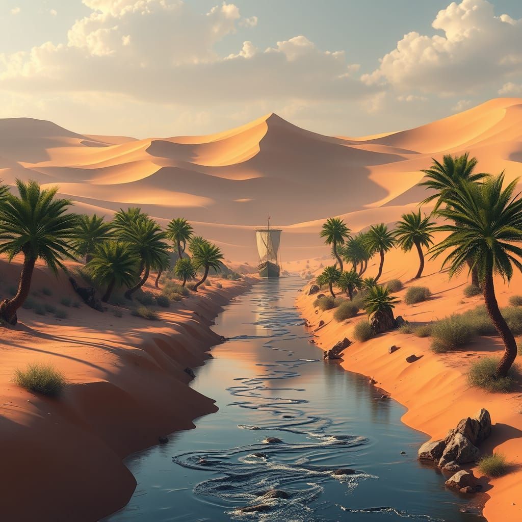 Desert River Oasis with Boat, Matte Painting