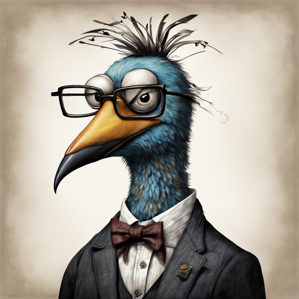 Quirky Cartoon Bird Wears Tie in Dark Rustic Tones