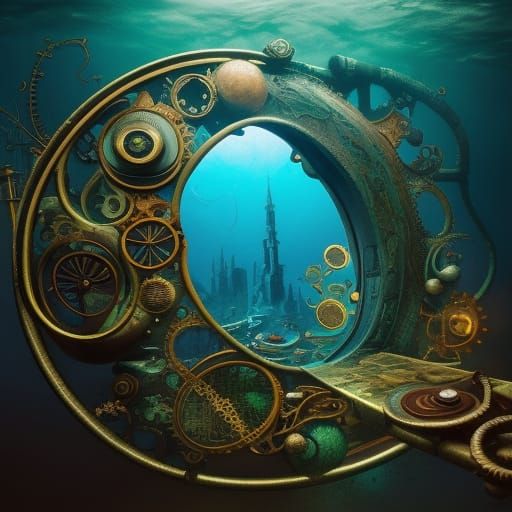 Human eye portal into an underwater art_nouveau_style cityscape , steampunk elements, dystopia fantasy landscape, real...