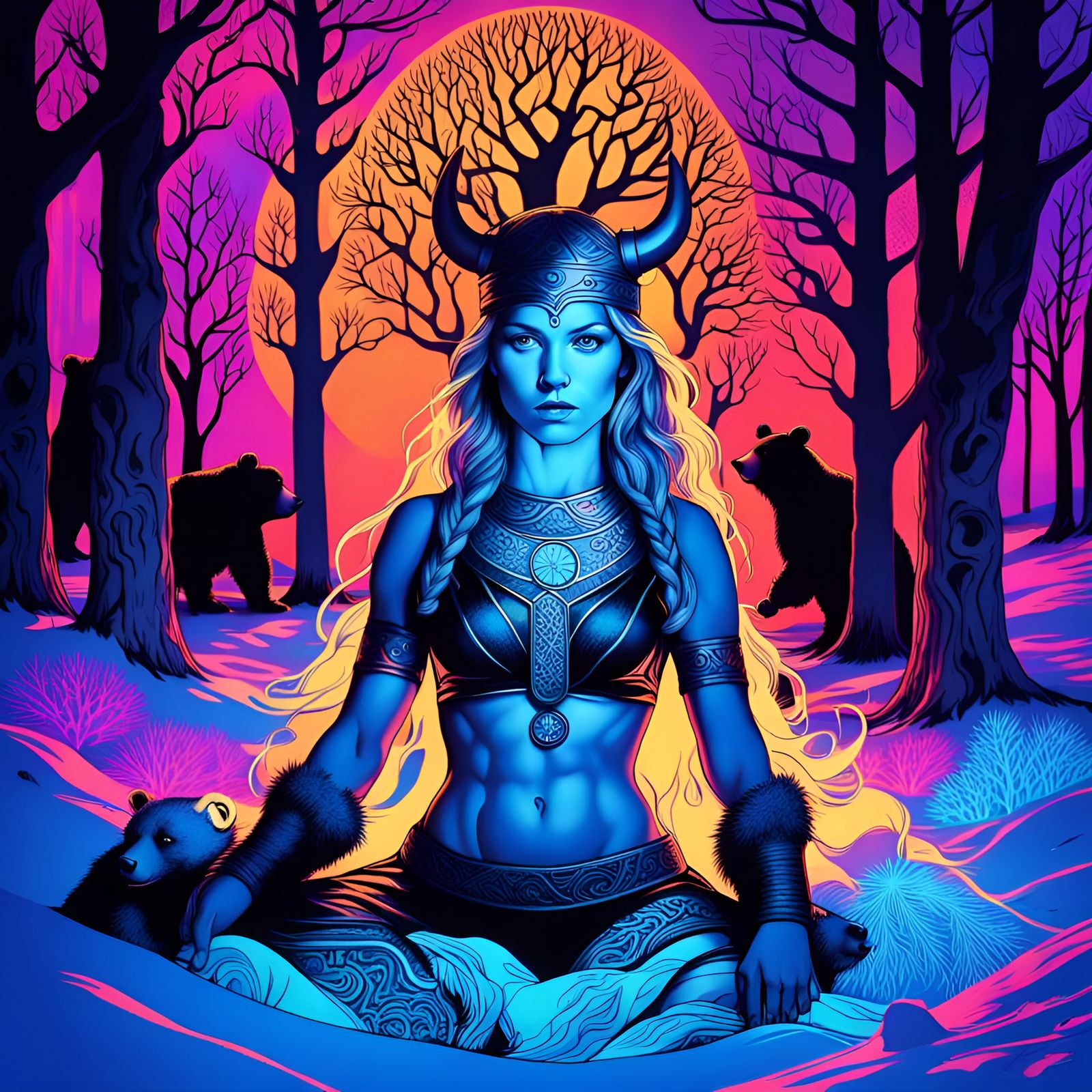 Viking Winter in black light art.