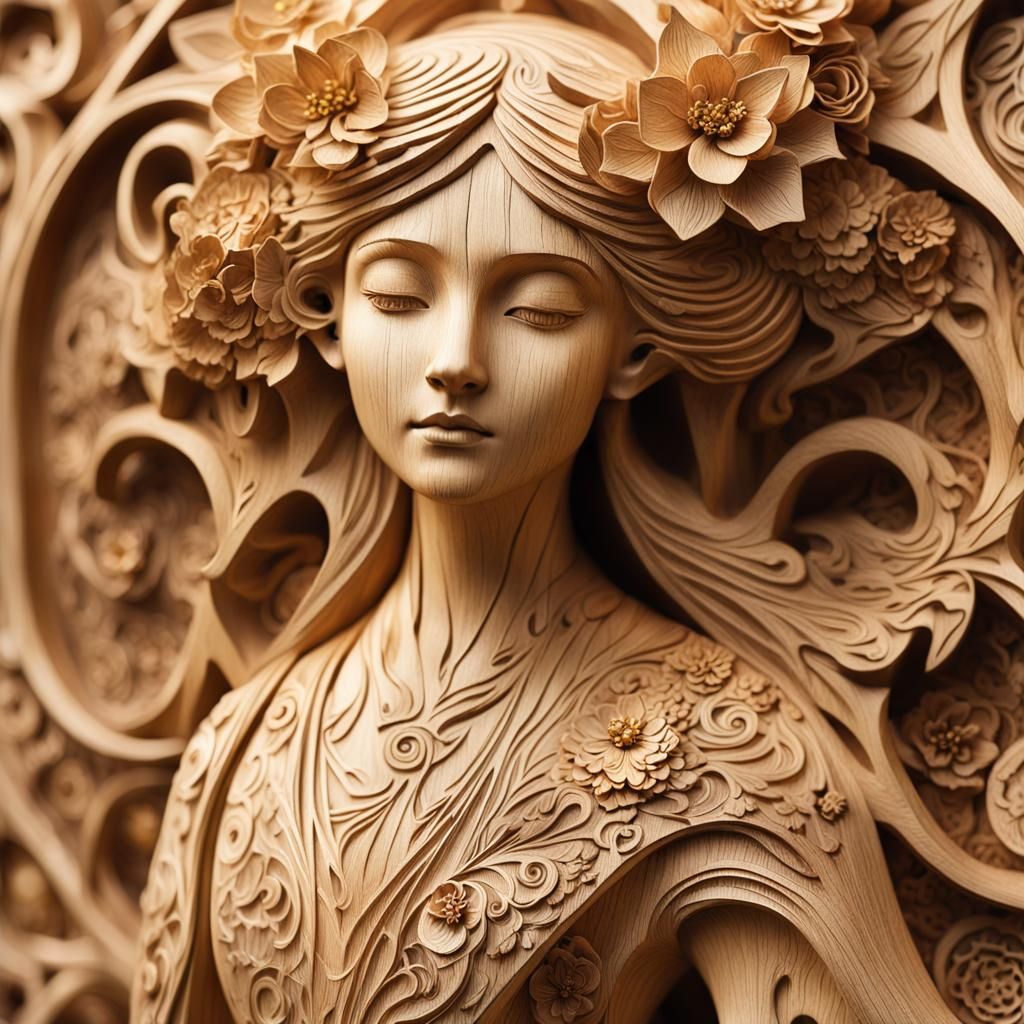 Ornate Wooden Sculpture of Serene Maiden in Art Nouveau Styl...