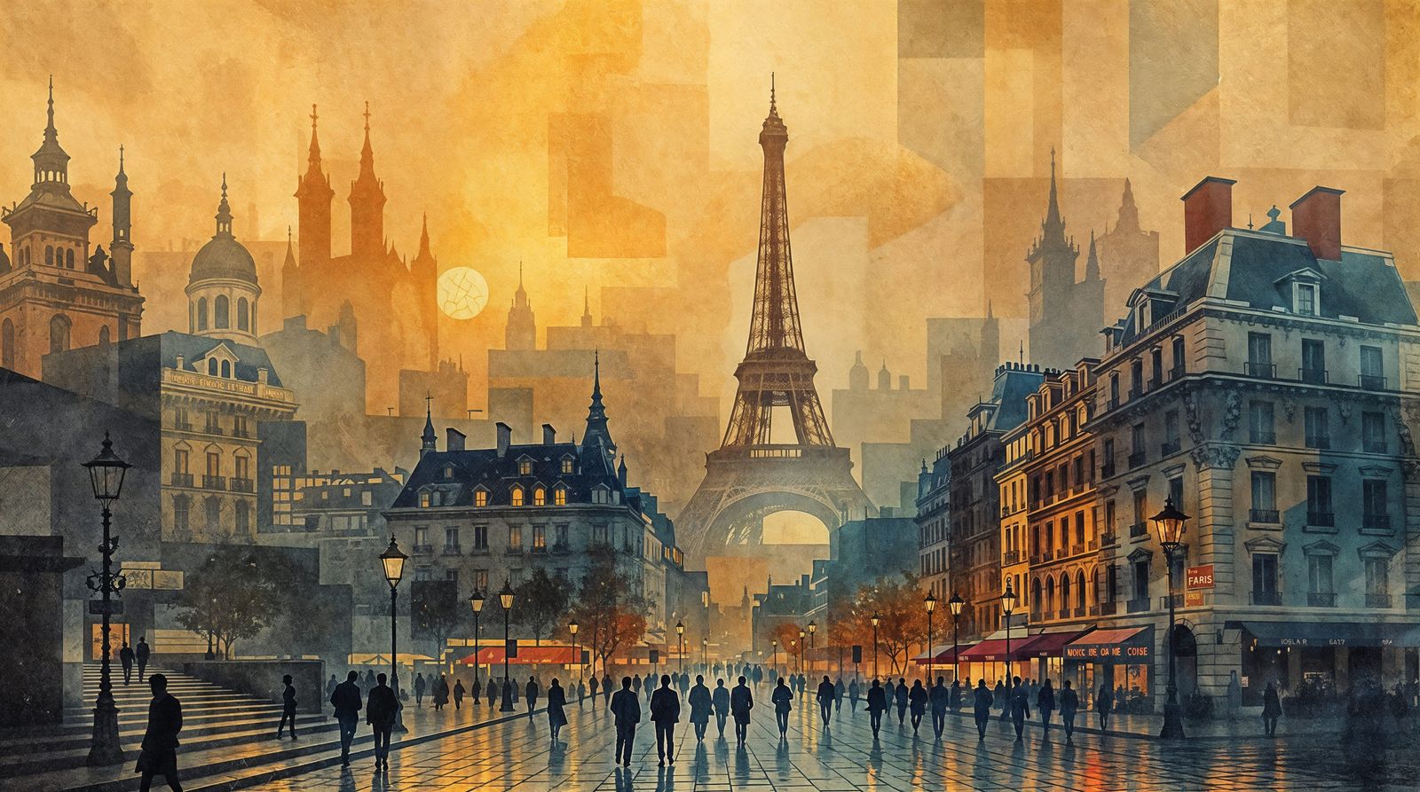 Impressionist Parisian Cityscape with Eiffel Tower in Golden...
