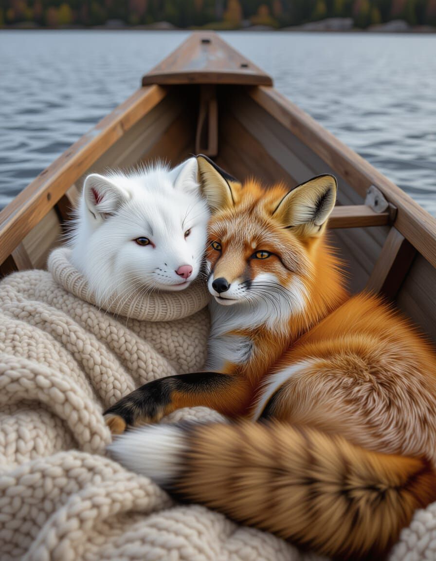 White Bunny and Fox Cuddle in Rowboat
