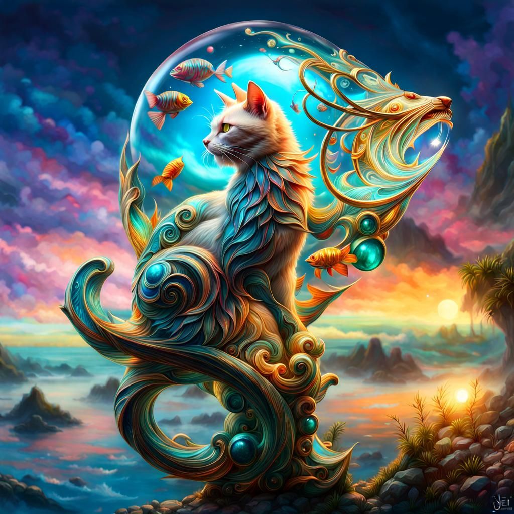 Illuminated Glass Catches Fish, Fantasy Art