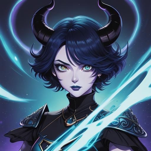 Adorable Anime Tiefling Woman with Aquamarine Hearts