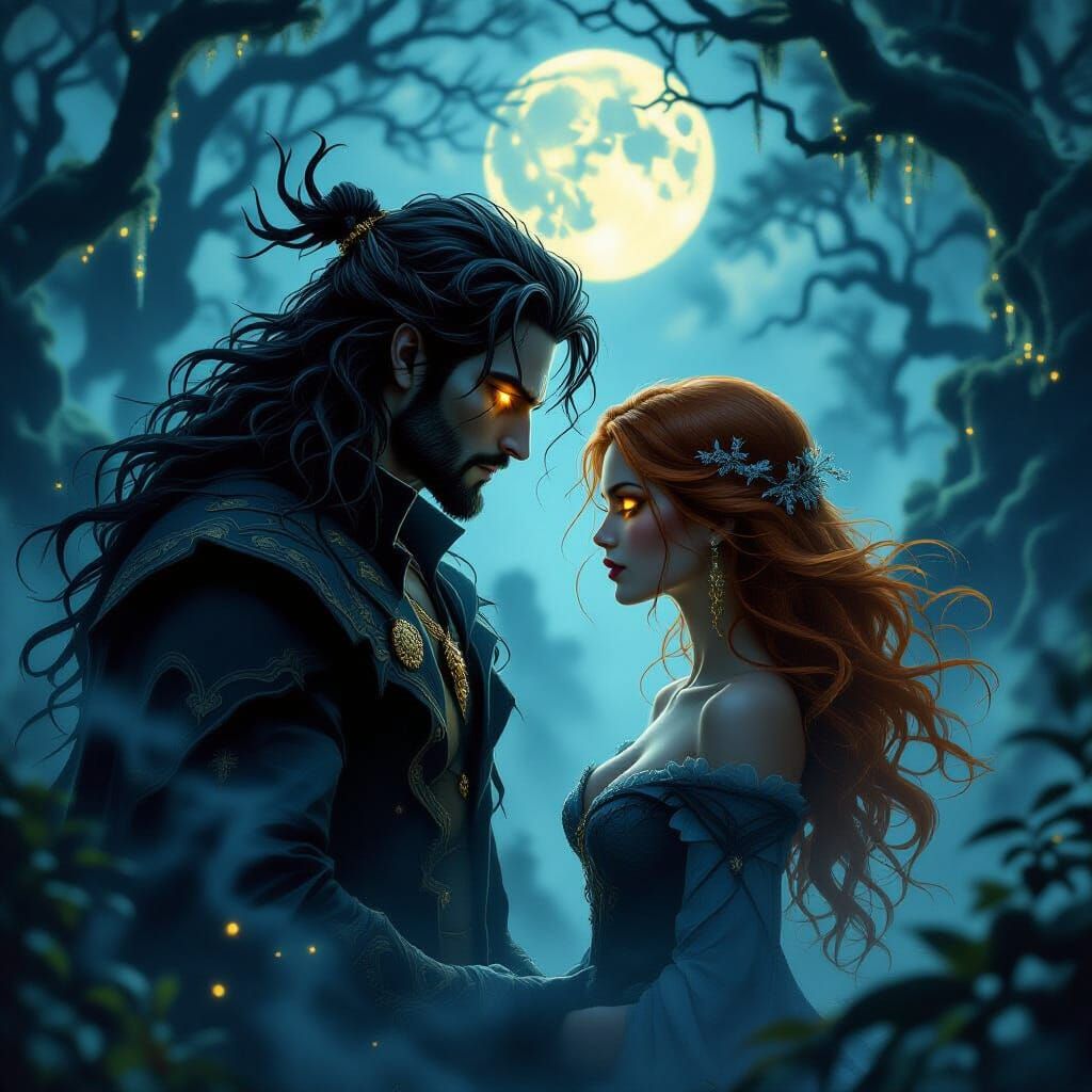 Shadow Man Meets Auburn Haired Woman in Enchanted Forest