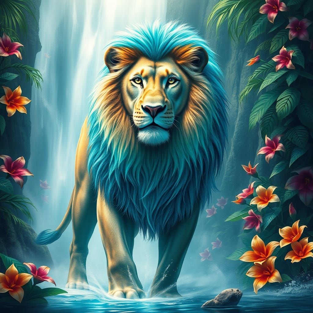Majestic Aqua Lion in Serene Waterfall Scene