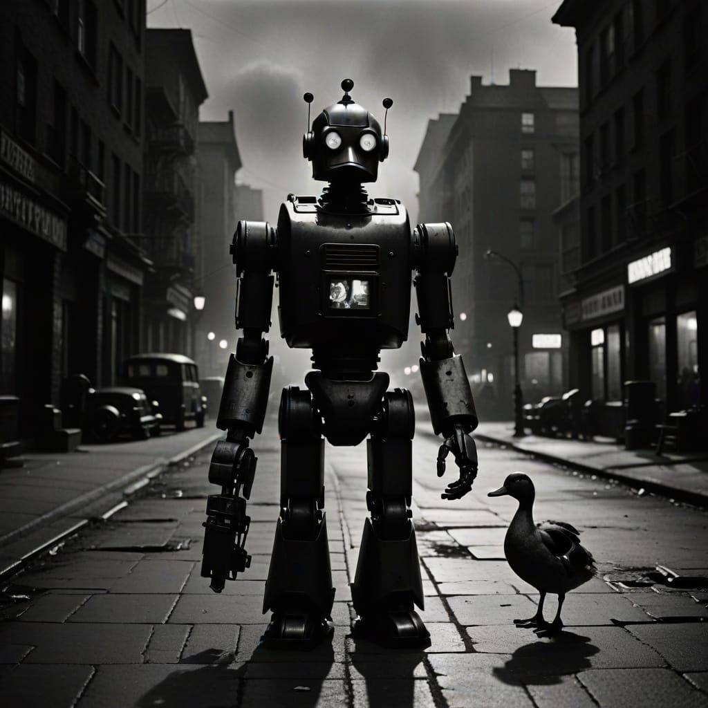 Robot Holding Duck in Dark Film Noir Scene