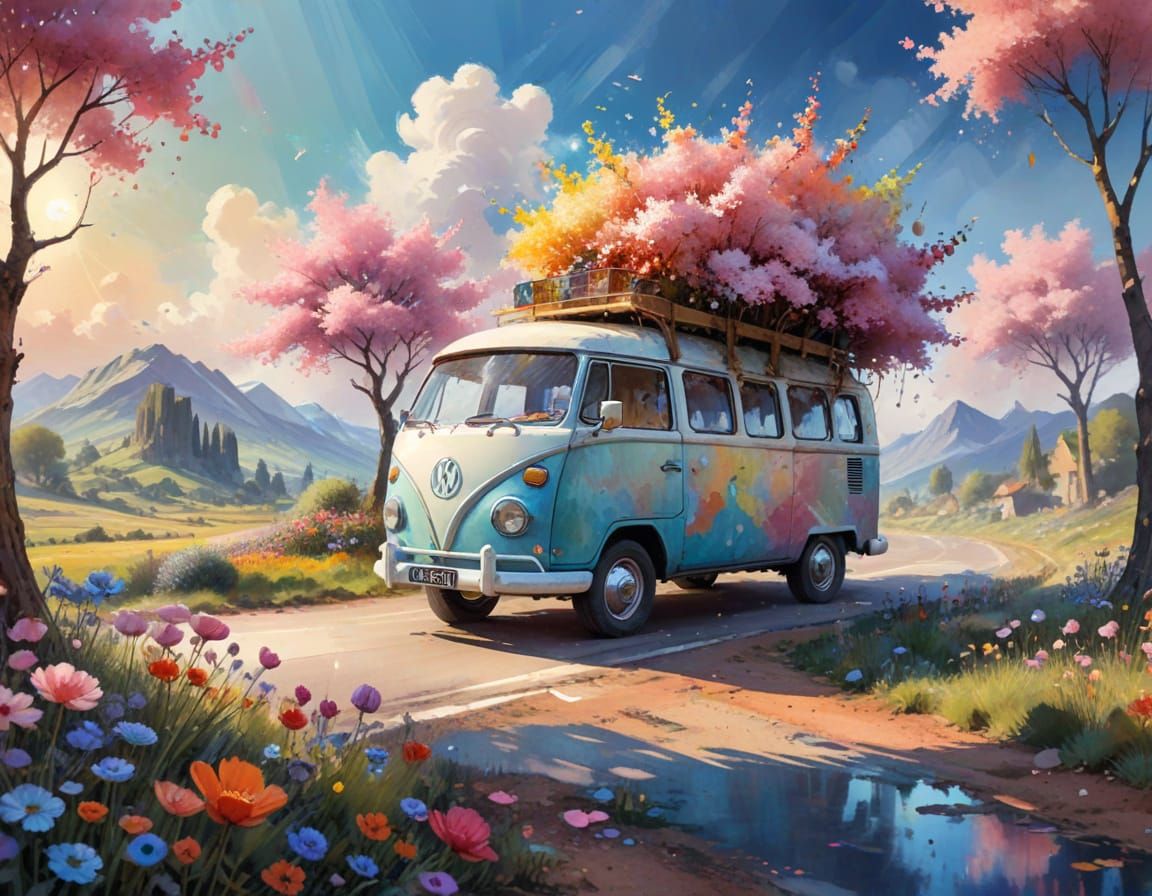 Road Trip Campervan Fairytale in Watercolor Style