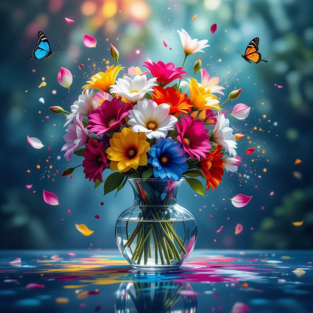 Exotic Flowers Explode from Crystal Vase in Surreal Color Da...