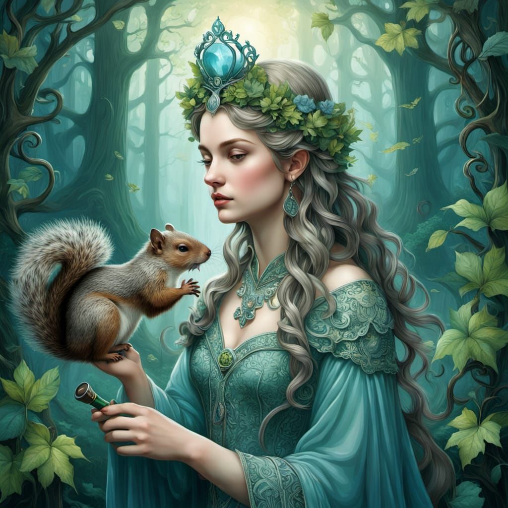 Forest Queen Playing Pipe in Enchanted Woods