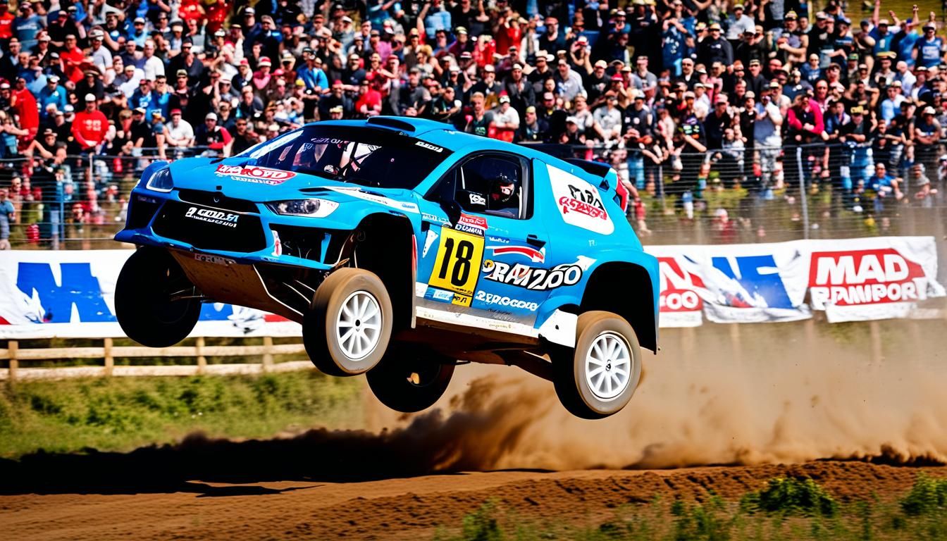 Rallycross Car Jumping Action with Mad Cow Sponsor