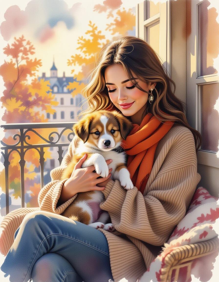 Cozy Autumn Balcony Scene With Woman And Puppy
