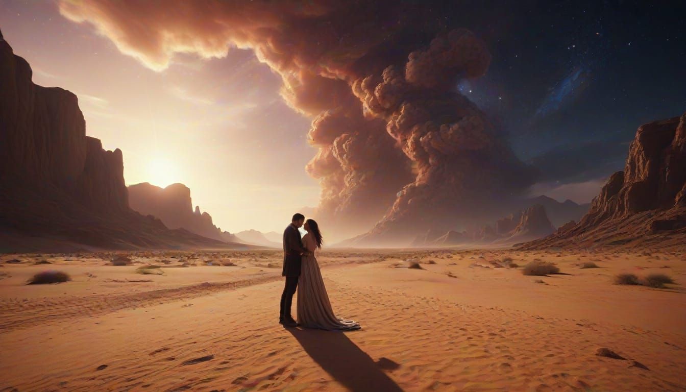 Bride and Groom Embrace Under Nebula in Desert