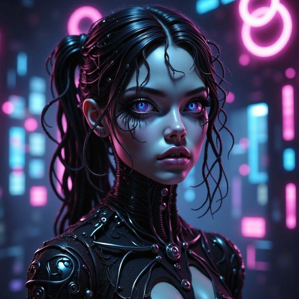 Cyborg Woman in Gothic Lace with Neon Display