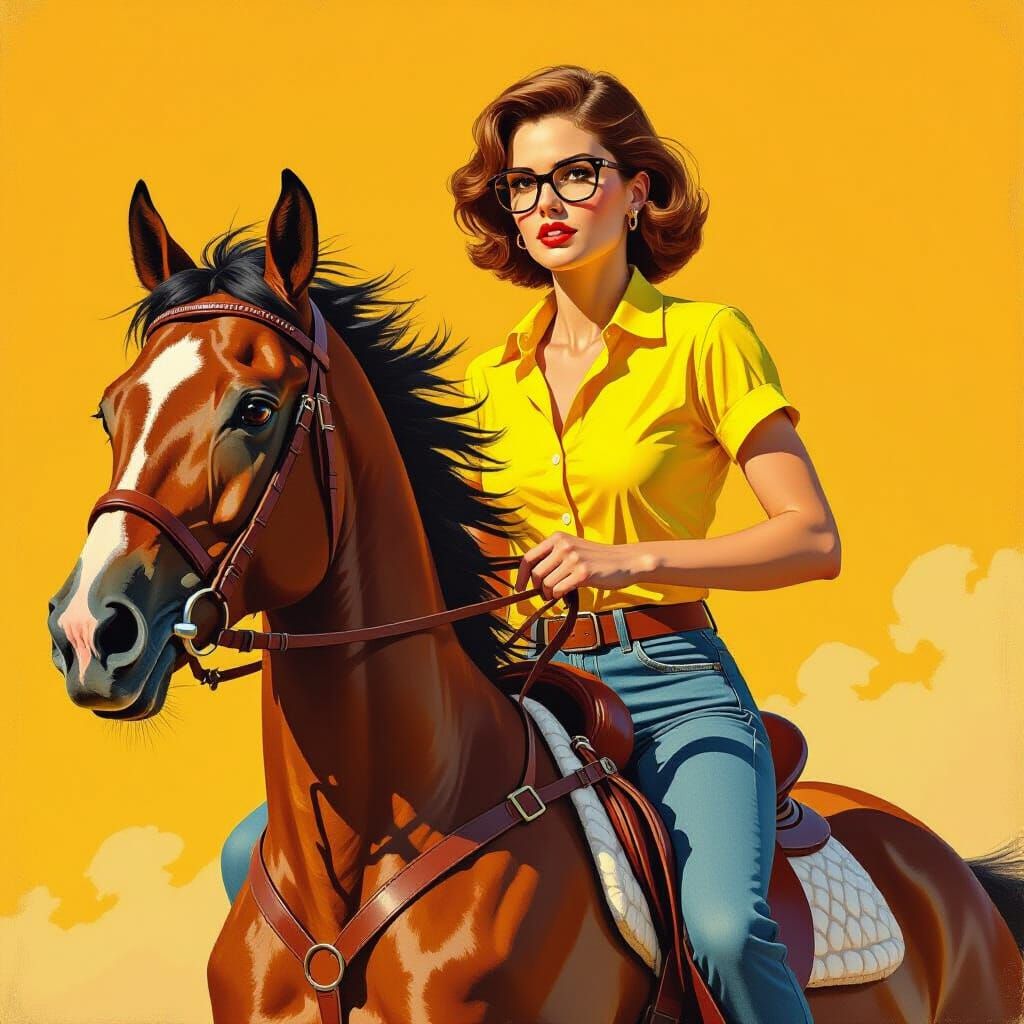 Woman Rides Horse in Impressionistic Pulp Art Style