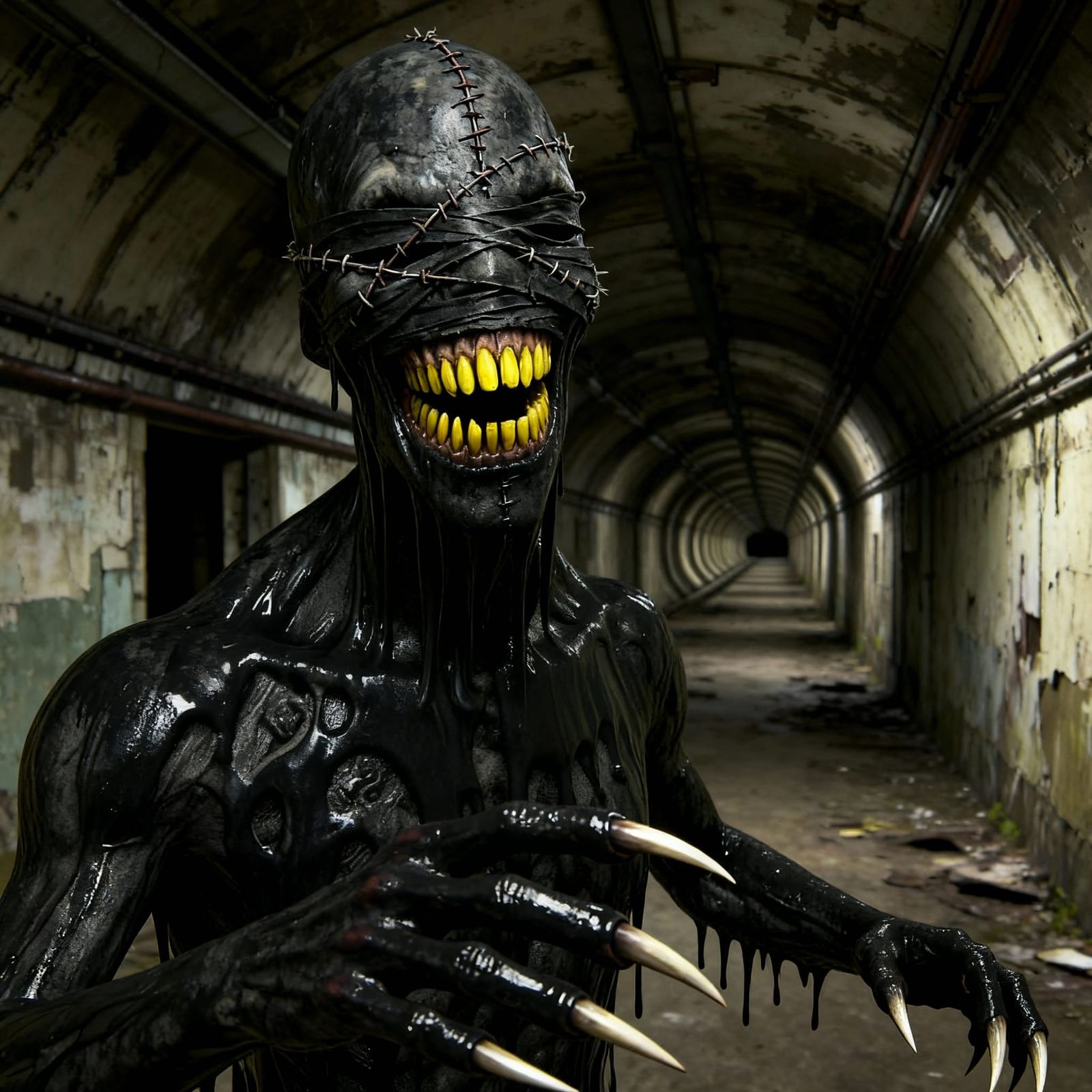 Menacing Oil-Covered Monster in Abandoned Hallway Photograph...