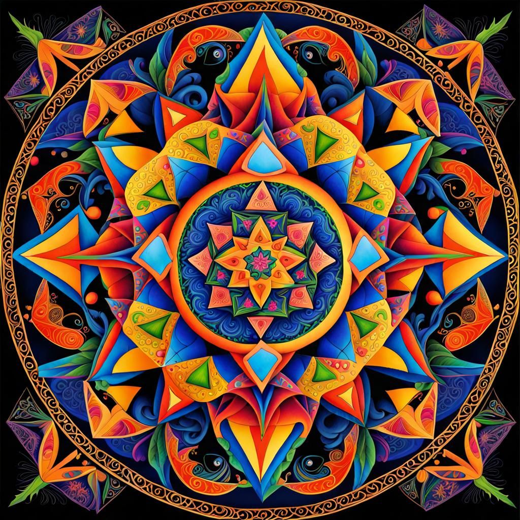 Vibrant Mandala of Triangles and Swirls