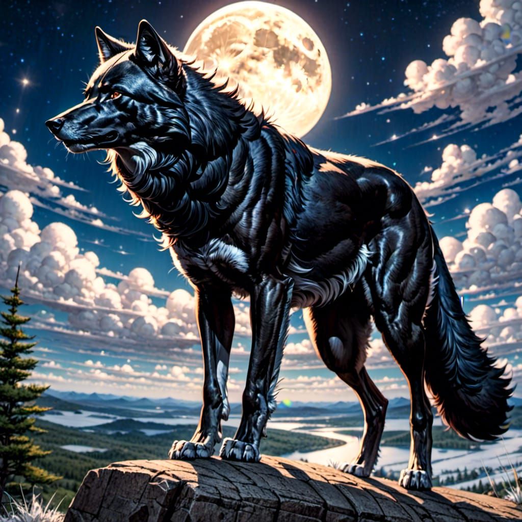 Detailed Black Wolf Under Moonlight