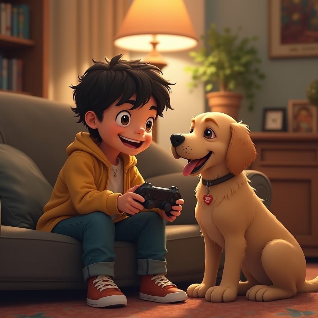 Boy Playing Video Game with Dog, Realistic Illustration