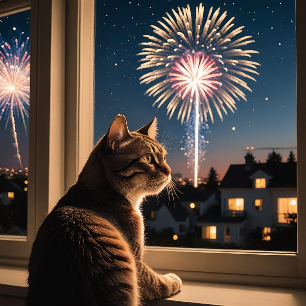 Whimsical Cat Watches Fireworks Through a Window