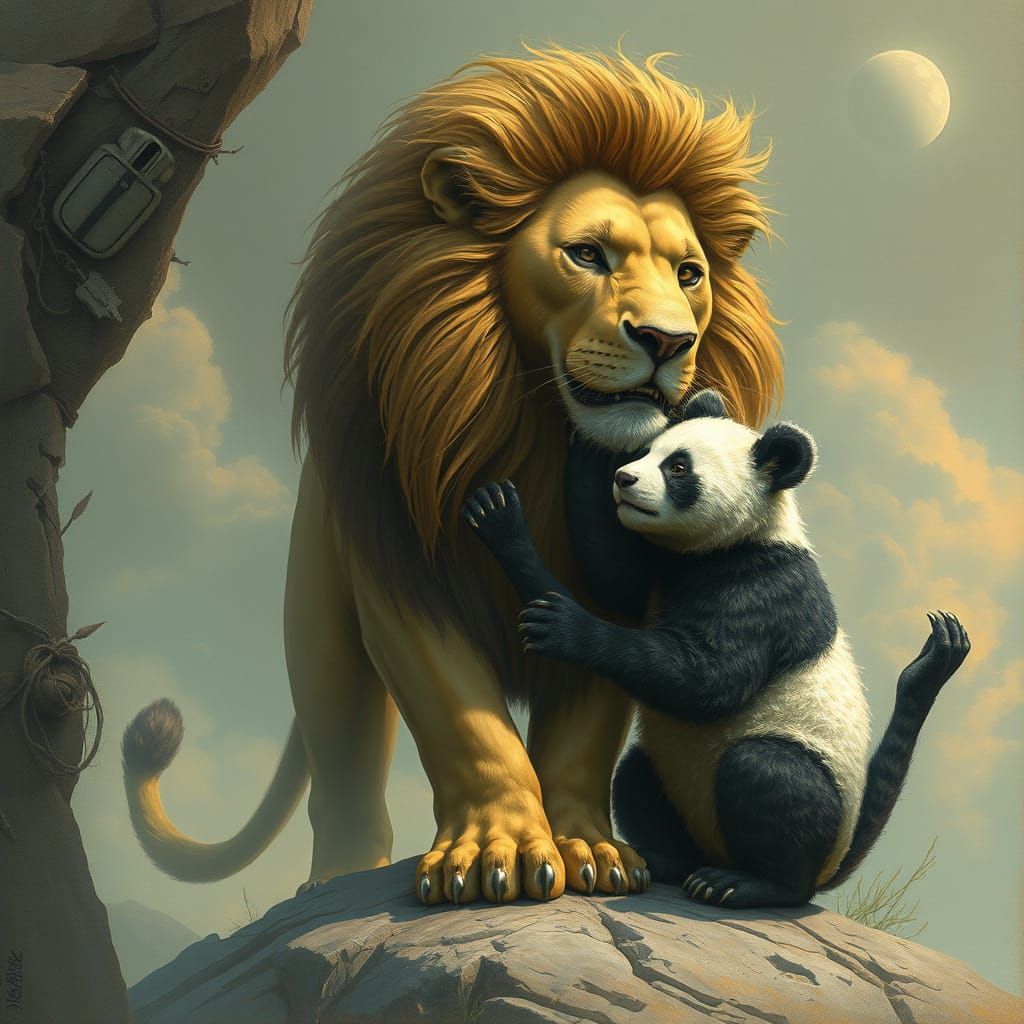 Lion and Panda as Friends in a Surreal, Rugged Landscape