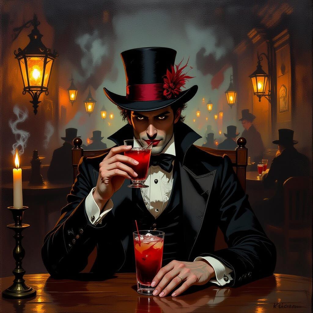 Vampire Sipping Cocktail in Lanternlit Tavern