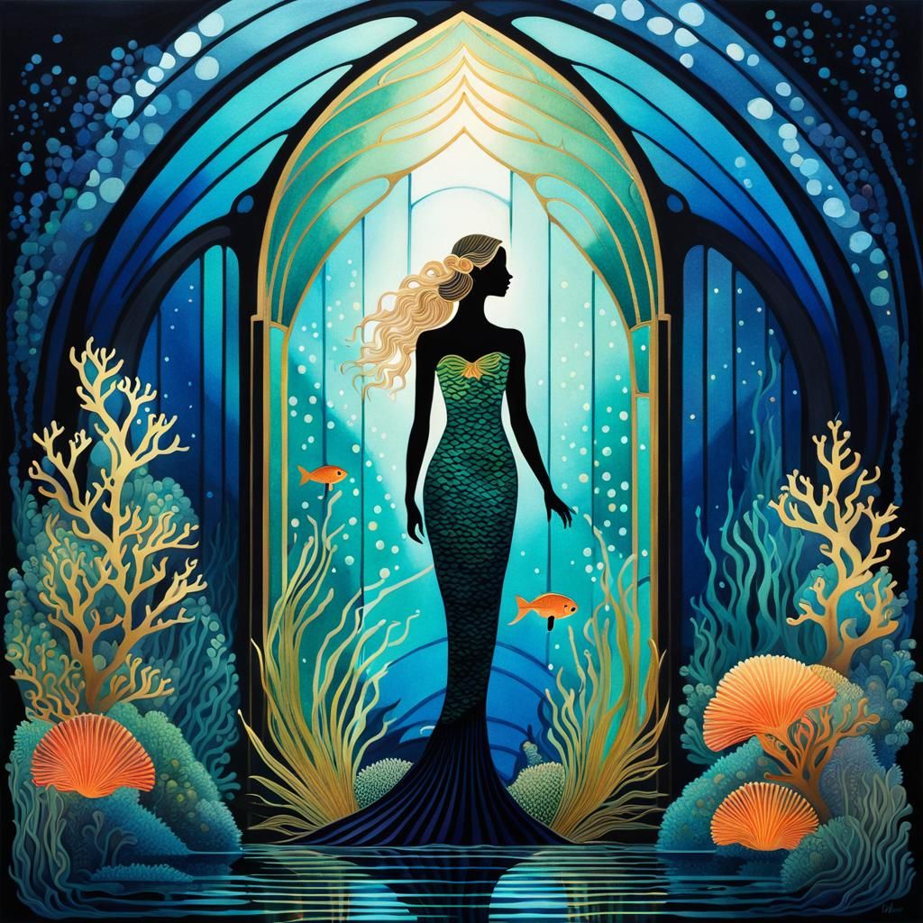 Erté-Style Art Deco Mermaid in Underwater Greenhouse