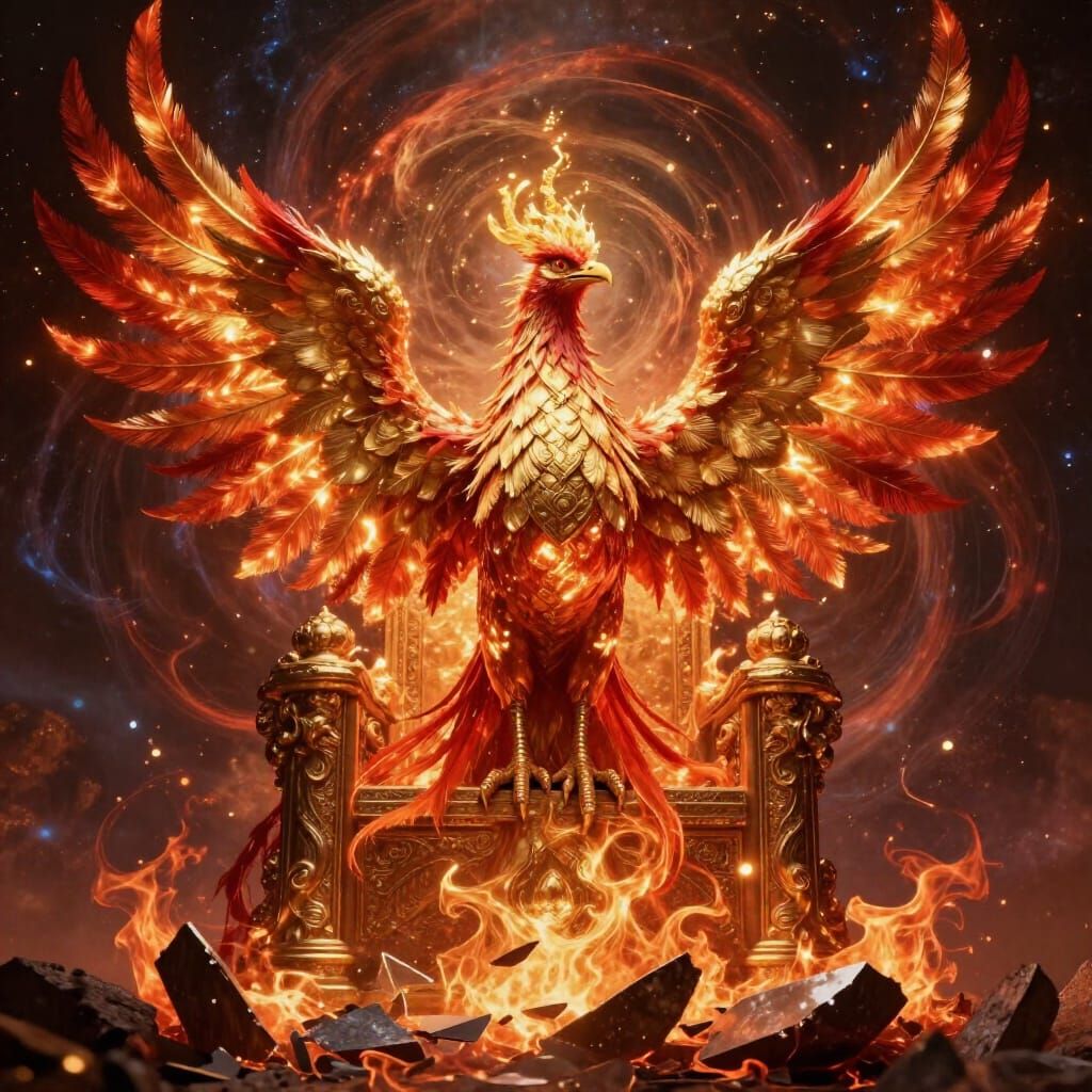 Regal Phoenix Rises From Celestial Throne Ashes