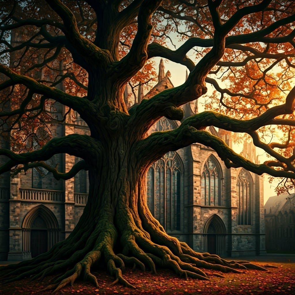 Autumn Oak Tree Majestically Stands Before Historic Cathedra...