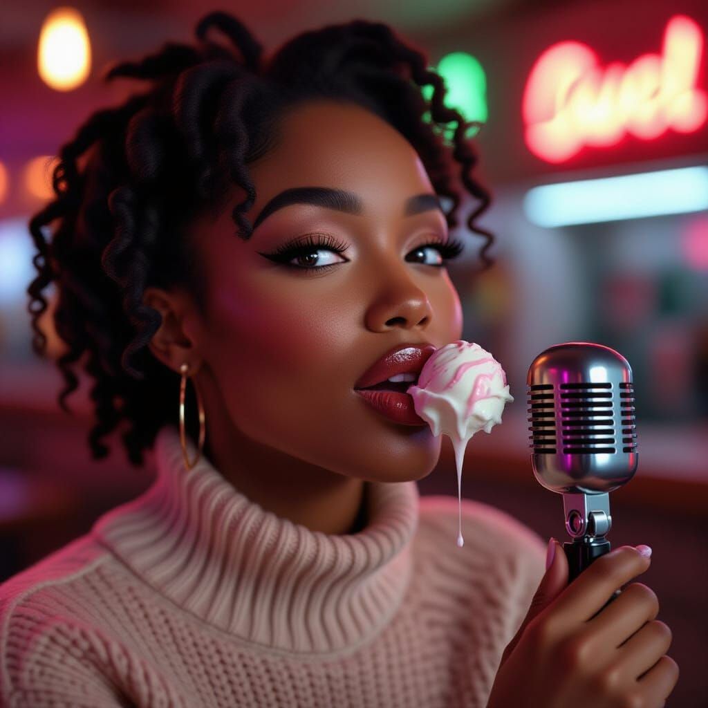 Woman Enjoying Ice Cream Near Binaural Mic in Neon Cafe