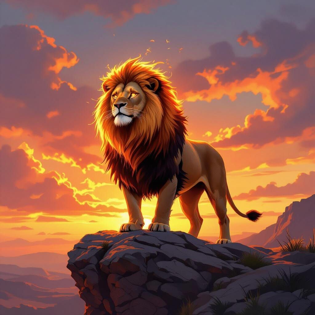 Fiery Lion on Cliff at Sunset, Hyperrealistic Digital Art