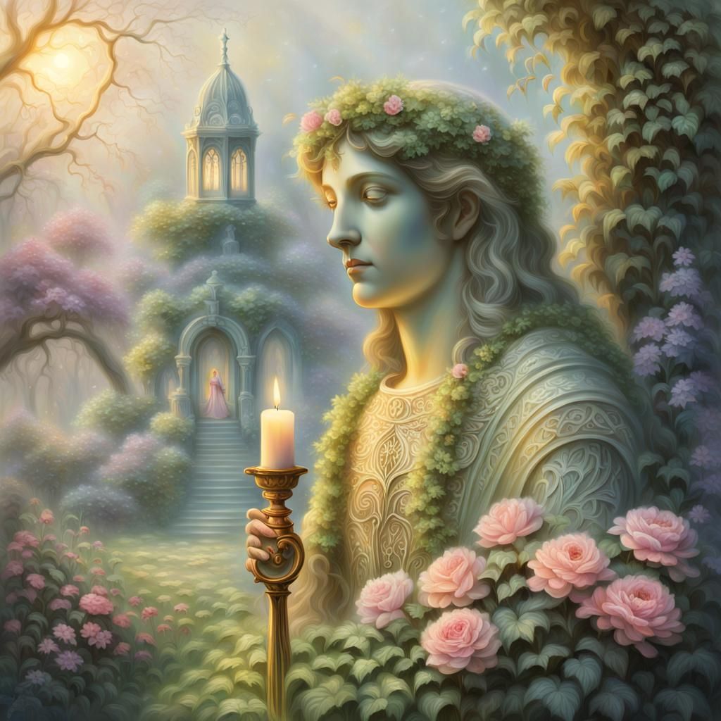 Ethereal Garden Idol with Flowers, Oil Painting