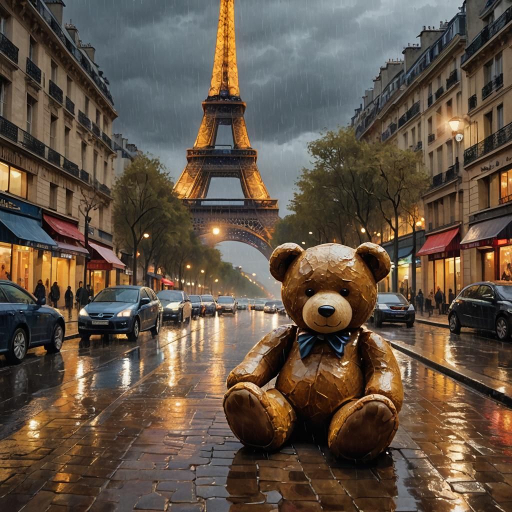 Giant Teddy Bear Eats Cars: Surreal Oil Painting