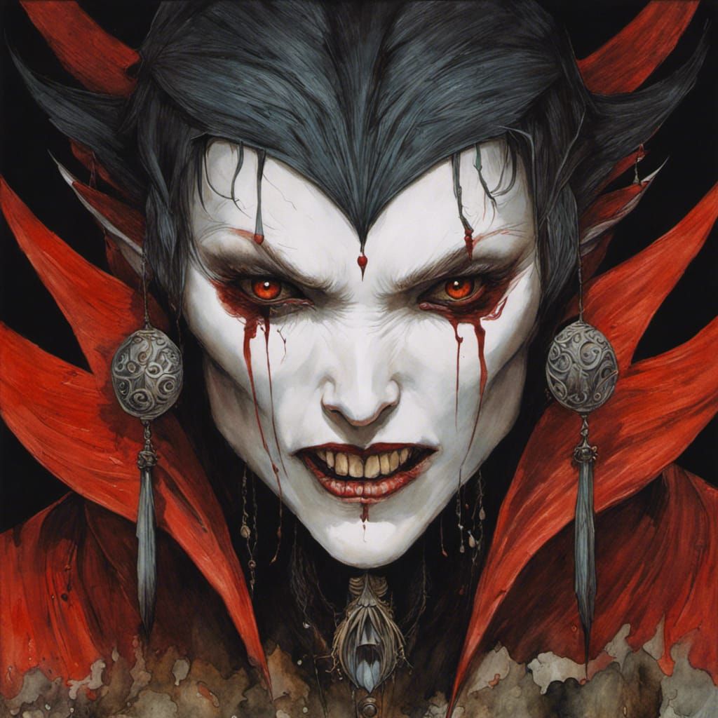 Detailed Vampire Watercolour Painting with Splatters