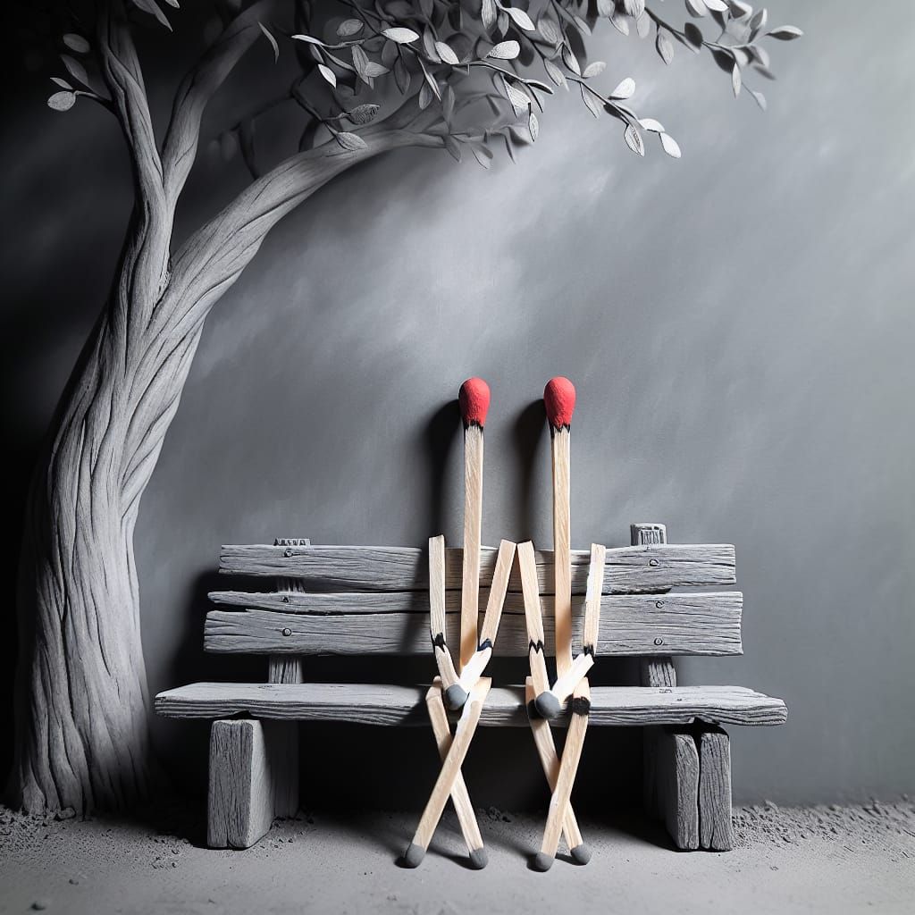 Monochrome Matchsticks with Red Tips on a Bench