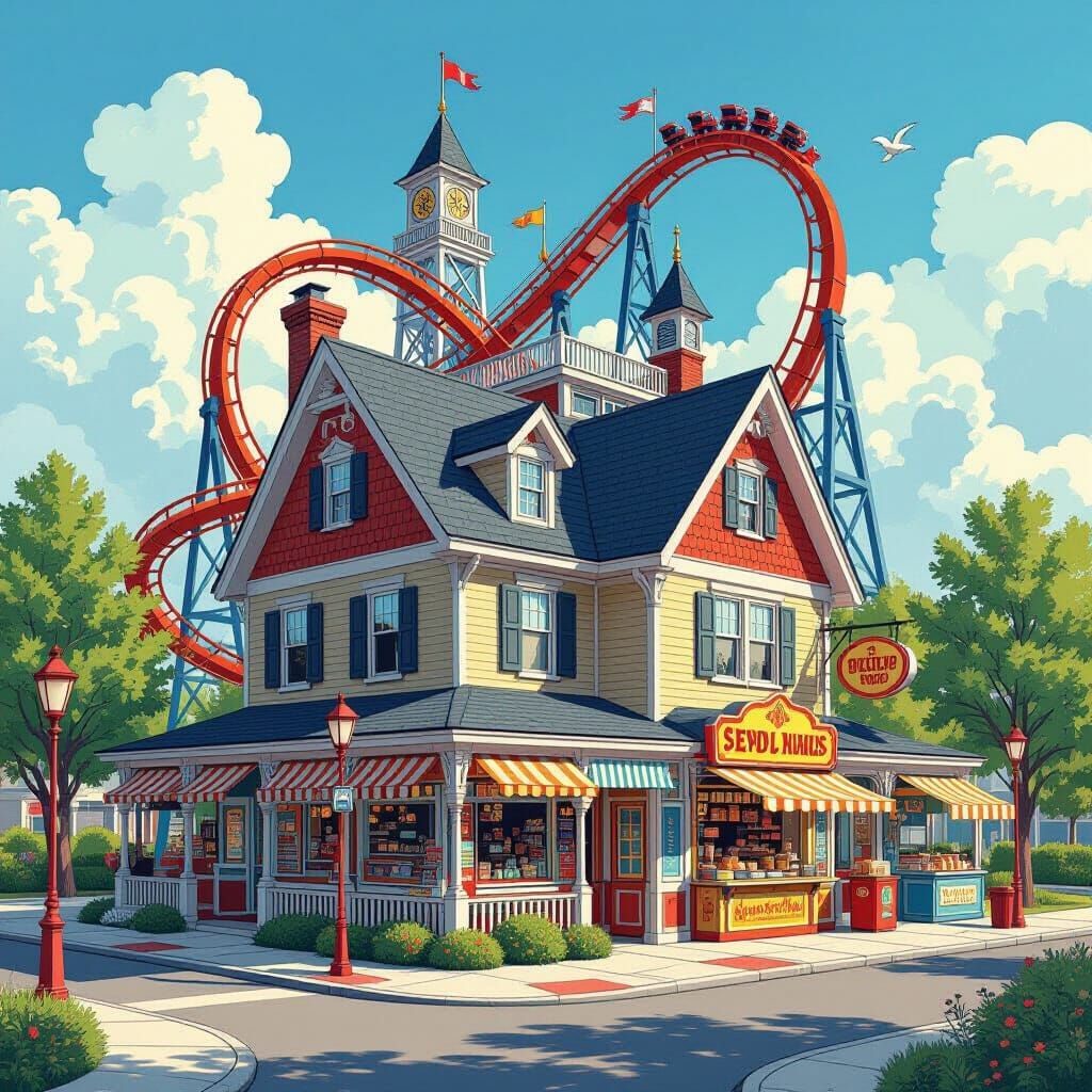 House with Amusement Park Roof in Hand-Drawn Style