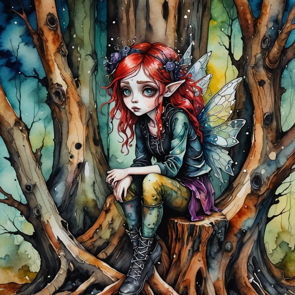 Sad little fairy sitting on a stump. - 2